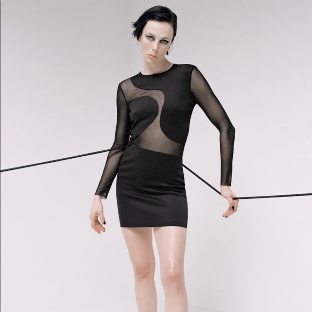 Zara COMBINATION SEMI-SHEER MINK Short Dress w/ Round Neck & Long Sleeves BLACK